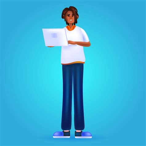 Homem Afro Americano Usando Laptop Personagem De Desenho Animado Em P