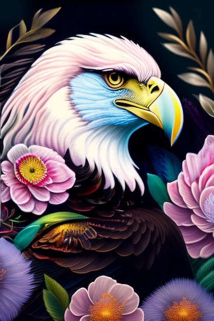 Una pintura de un águila calva con flores y un pájaro Foto Premium