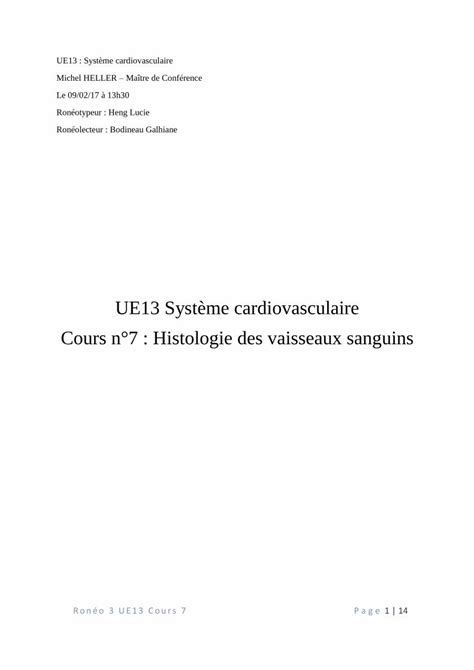 Pdf Ue Syst Me Cardiovasculaire Cours N Histologie Des