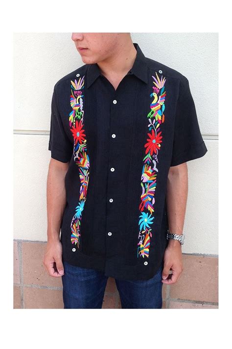 Guayabera With Otomi Embroidery Black With Multi Color Traditional