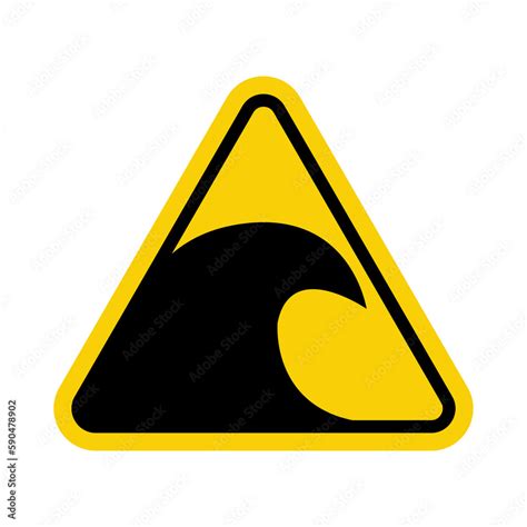 Tsunami sign. Tsunami warning sign. Yellow triangle sign with tsunami ...