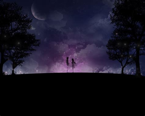 Wallpaper Trees Night Space Sky Stars Moon Moonlight Couple Atmosphere Thunder Kimi