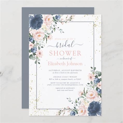 Light Dusty Blue Blush Pink Gold Floral Shower Invitation Zazzle