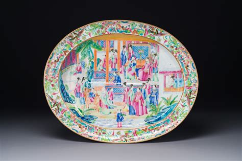 An Oval Chinese Canton Famille Rose Dish With Narrative Design 19th C