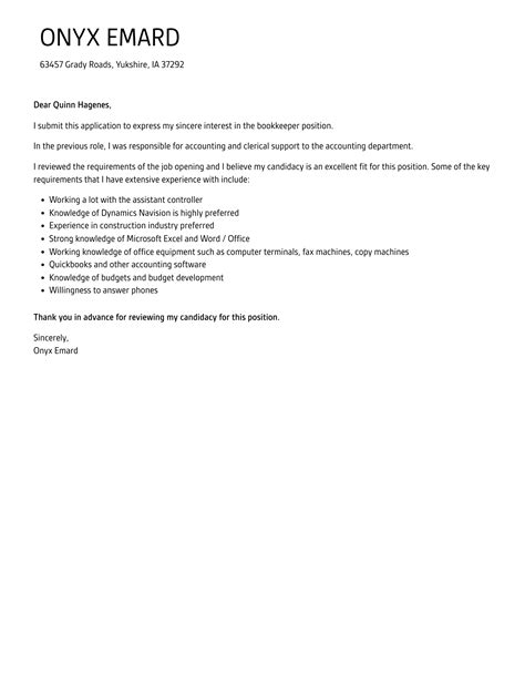 Bookkeeper Cover Letter Velvet Jobs