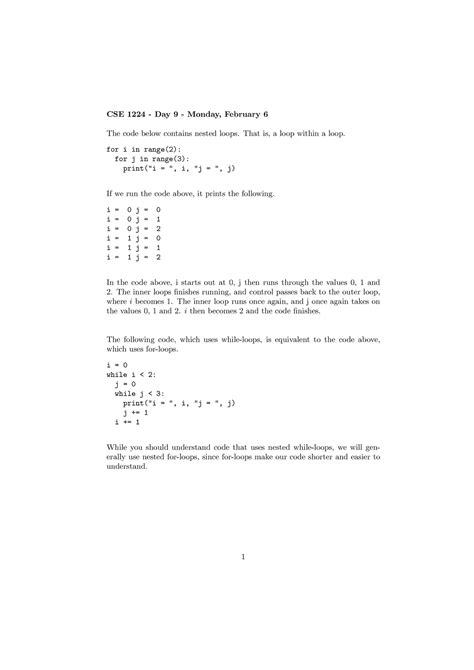 Day Nested Loops Cse Day Monday February The