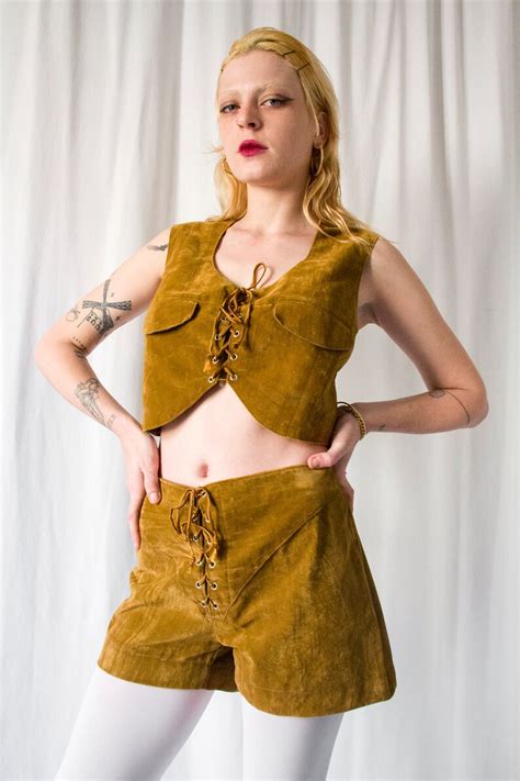 1970s Honey Brown Velvet Faux Suede Set Mini Shorts And Matching Lace Up Top Vintage 70s Two