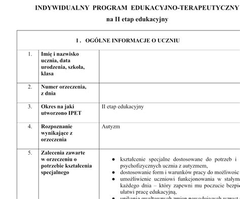 Indywidualny Program Edukacyjno Terapeutyczny IPET wzór Złoty