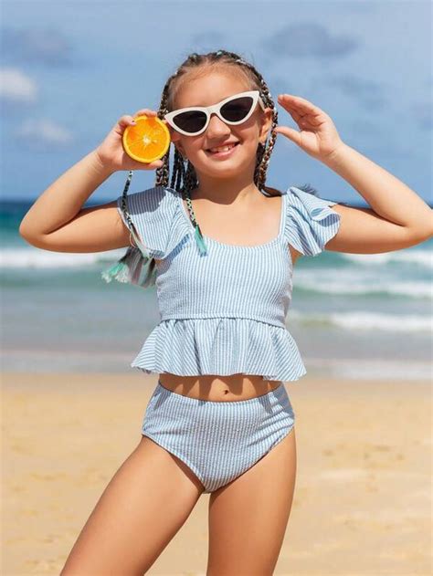 Chica Preadolescente Ba Ador Bikini De Rayas Ribete Con Fruncido Moda