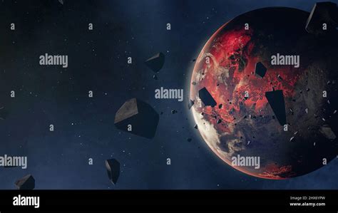 Orbiting Asteroids And Rising Sun On Dead Planet Sci Fi Concept 3d