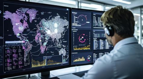 cybersecurity analyst monitoring global network data  multiple