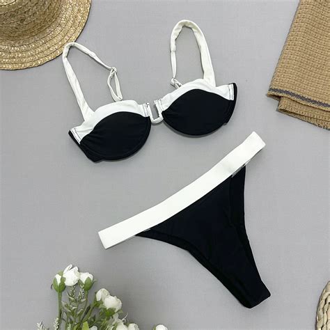 Merloly New Sexy Black White Patchwork Push Up Bikini Set Swimwear Women Swimsuit Beachwear
