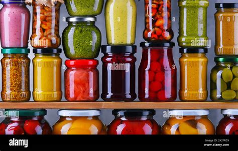 Jars With Variety Of Pickled Vegetables And Fruits Stock Photo Alamy