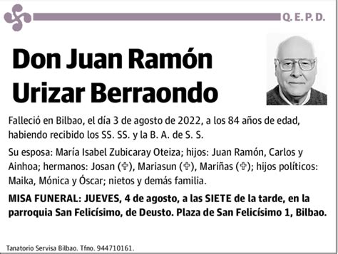 Juan Ramón Urizar Berraondo Esquela Necrológica El Correo