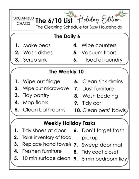 The 610 List Holiday Edition Cleaning List Printable Cleaning Schedule Printable Cleaning