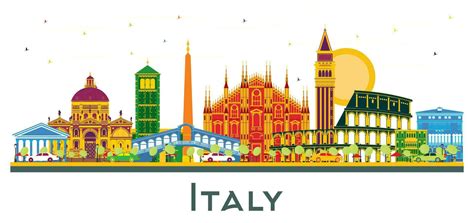 Italy City Skyline With Color Landmarks Isolated On White Background