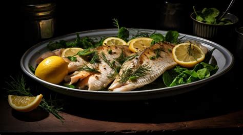 Premium AI Image | a plate of fish with lemons and herbs