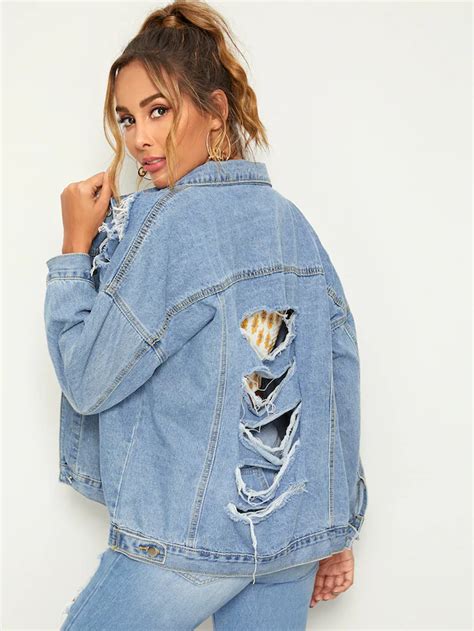 Shein 17 Juillet 2019 Veste En Jean Délavée Déchirée 85 Coton Denim Jacket Faded Denim