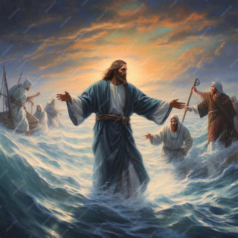 Premium Photo | A painting of jesus standing in the water with the ...