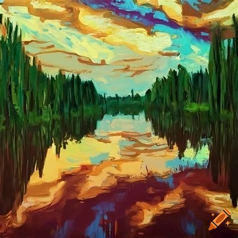 Abstract Painting Of A River With Boats And A Forest