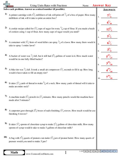 Free Unit Rates And Ratios Of Fractions Matching Worksheet Answers Download Free Unit Rates And