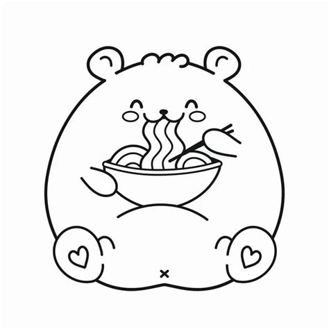 Lindo Feliz Divertido Oso Blanco Comer Fideos De Cuenco Vector De Stock