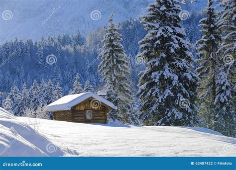 Landscape In Bavaria With Alpine Hut At Winter Stock Photo - Image of ...