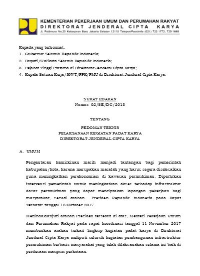 Surat Edaran Nomor 02sedc2018 Tentang Pedoman Teknis Pelaksanaan Kegiatan Padat Karya