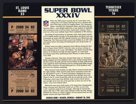 Commemorative Super Bowl Xxxiv Score Card With Kt Gold Ticket Rams