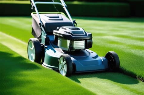 Premium Photo Blue Lawnmower Cuts Grass On The Lawn On The Backyard Machine For Cutting Lawns