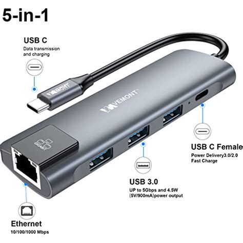 VEMONT USB C Hub 5 In1 USB C Hub Type C Multiport Adapter With Gigabit