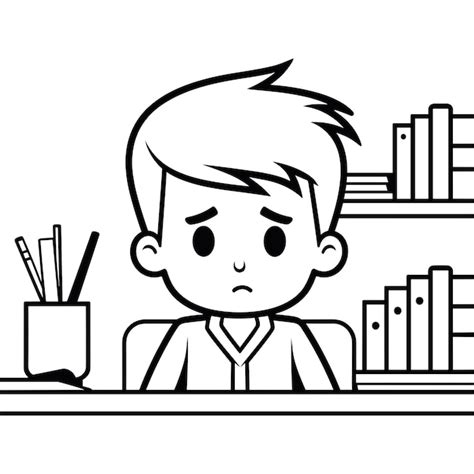 Premium Vector | Sad boy on desk black and white vector line art on a ...