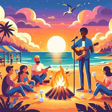 Um cartaz de um homem cantando na praia uma guitarra e um pôr do