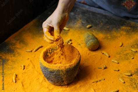 Woman Hand Powdering Indian Spices Turmeric Powder Stone Mortar Kerala