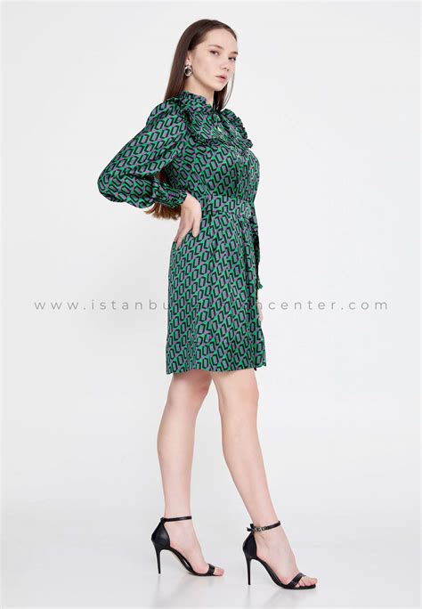 Mees Long Sleeve Mini Satin Column Regular Green Casual Dress Mes Ysl