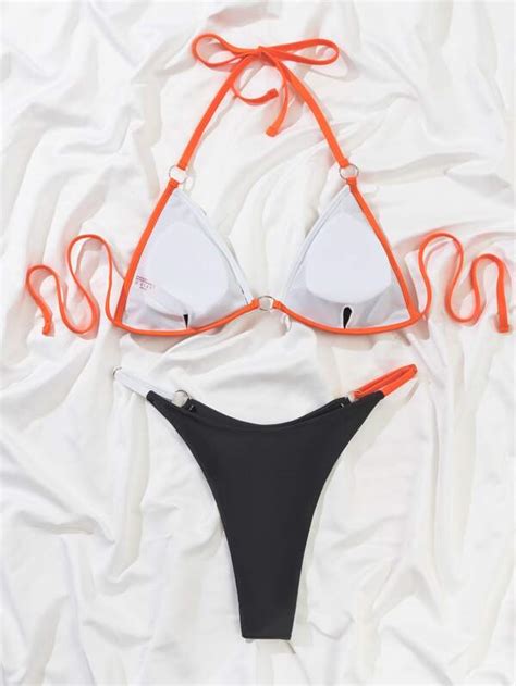 Shein Swim Vcay Ba Ador Bikini Tri Ngulo Unido En Contraste Vinculado