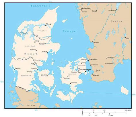 Denmark Map with Region Areas and Capitals in Adobe Illustrator Format