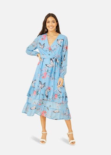 Yumi Green Crane Print Long Sleeve Wrap Midi Dress Matalan