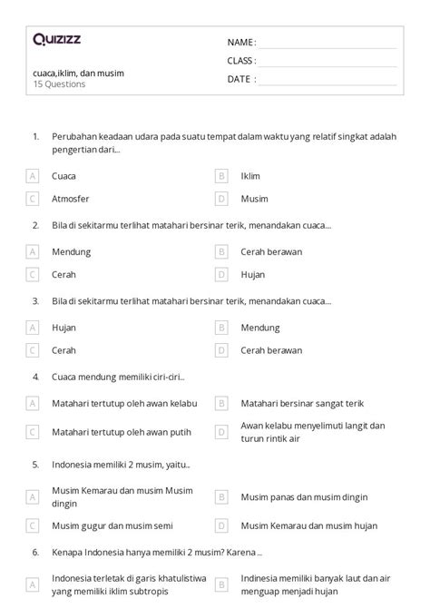 Lembar Kerja Cuaca Dan Musim Untuk Kelas Di Quizizz Gratis