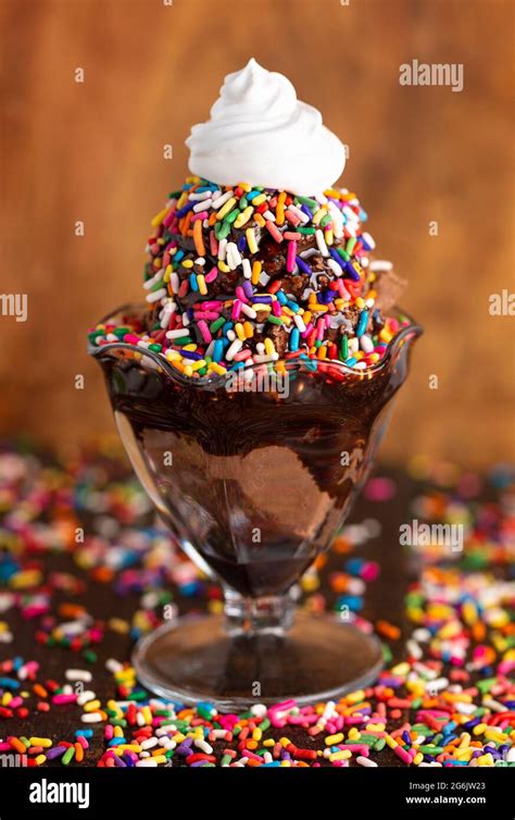 A Chocolate Ice Cream Sundae with Chocolate Syrup and Rainbow Sprinkles ...