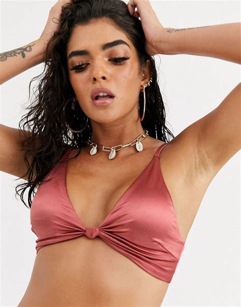 Asos Design Mirror Satin Knot Front Bikini Crop Top In High Shine