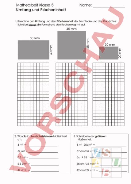 Arbeitsblatt Umfang und Flächeninhalt Geometrie Flächen