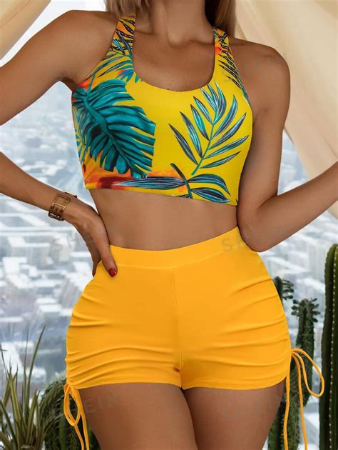 Shein Swim Vcay Fato De Biqu Ni Impress O Tropical Criss Cross Cord O