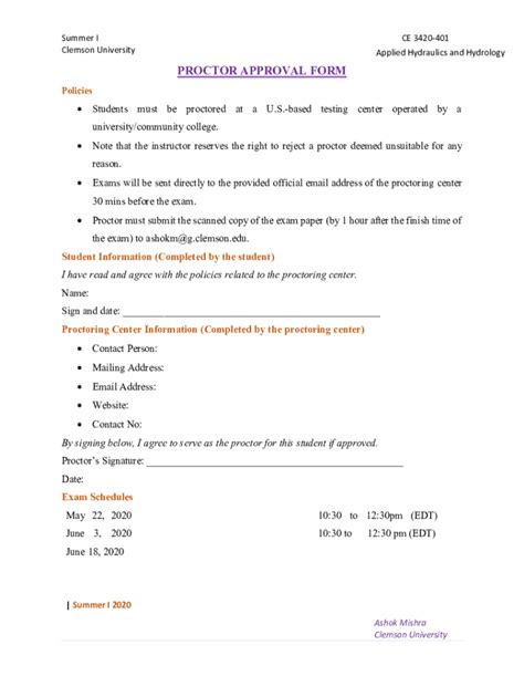 Fillable Online Proctor Approval Form Clemson University Fax Email