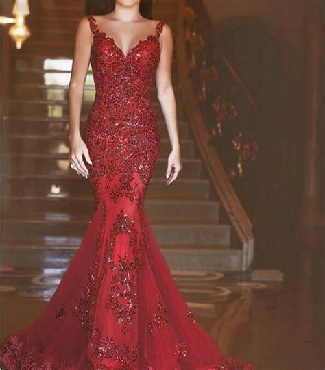 Dark Red Luxury Formal Mermaid Prom Dresses Evening Gown Elegant Women