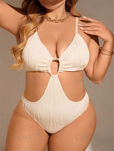 Shein Swim Curve Plus Size Women Texture Fabric Round Ring Connection