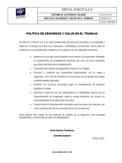 Politica De Seguridad Y Salud En El Trabajo Pdf