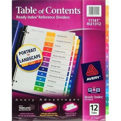 Avery Ready Index Table Of Contents Paper Divider Color 12 Tab 11194