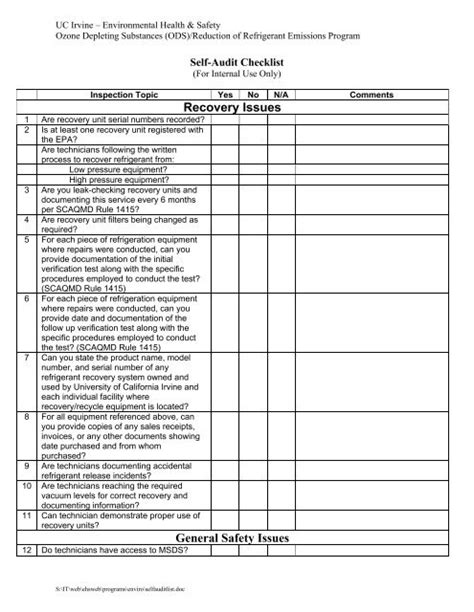 Self Audit Checklist Uci Environmental Health Safety University