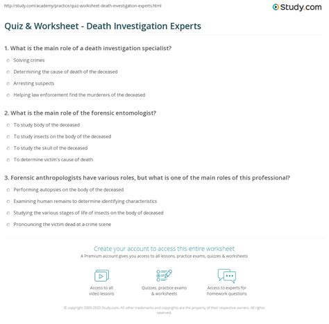 Quiz & Worksheet - Death Investigation Experts | Study.com